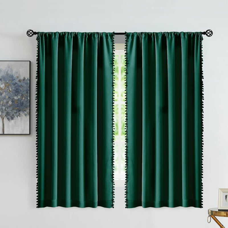 Treatmentex Green Blackout Curtains for Bedroom 84 inch Pom Pom Windows Drapes Cute Decorative Triple Weave Thermal Insulated Curtain Drapes for Nursery Room Studio Hotel 52" w x2 Panels Rod Pocket - Image 2